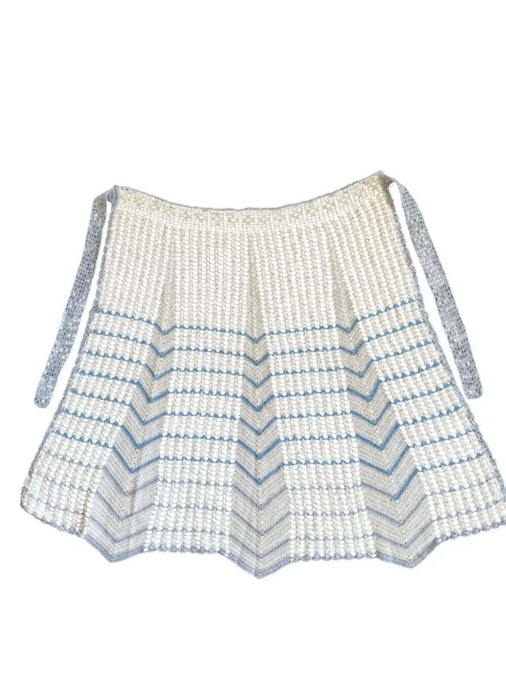 Vintage Hand-Crocheted Crochet Half Apron Blue & White Chevron Pattern